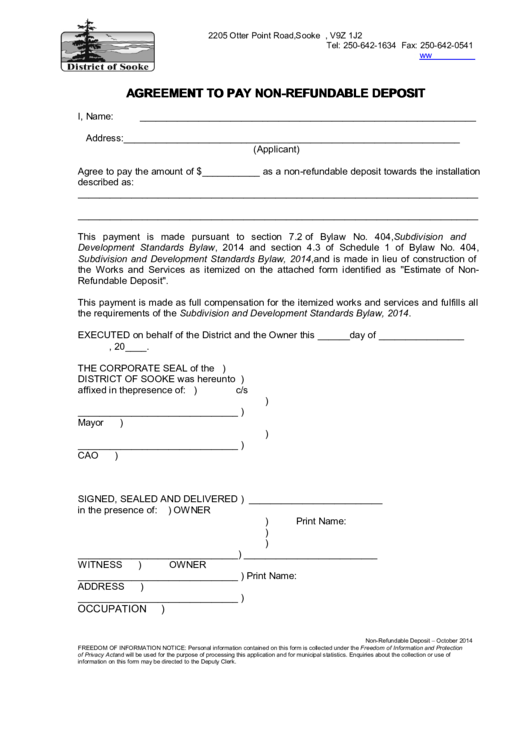 non refundable deposit form template
 Agreement To Pay Non-Refundable Deposit printable pdf download - non refundable deposit form template