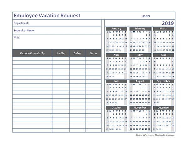 vacation calendar template for employees
 2019 Business Employee Vacation Request - Free Printable ..