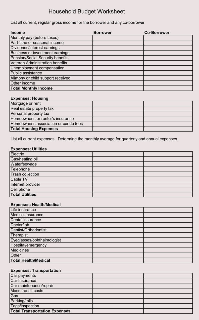 Household Budget Forms Free Printable