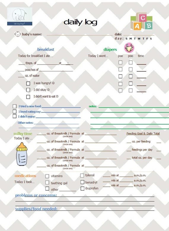nanny schedule template
 Baby Log BREAKFAST ONLY VERSION Gray Chevron - nanny schedule template
