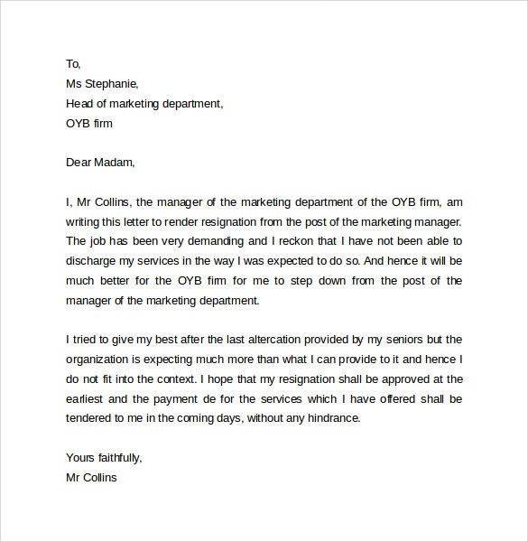 hr letter template
 FREE 14+ Sample Resignation Letter Formats in PDF | MS Word - hr letter template