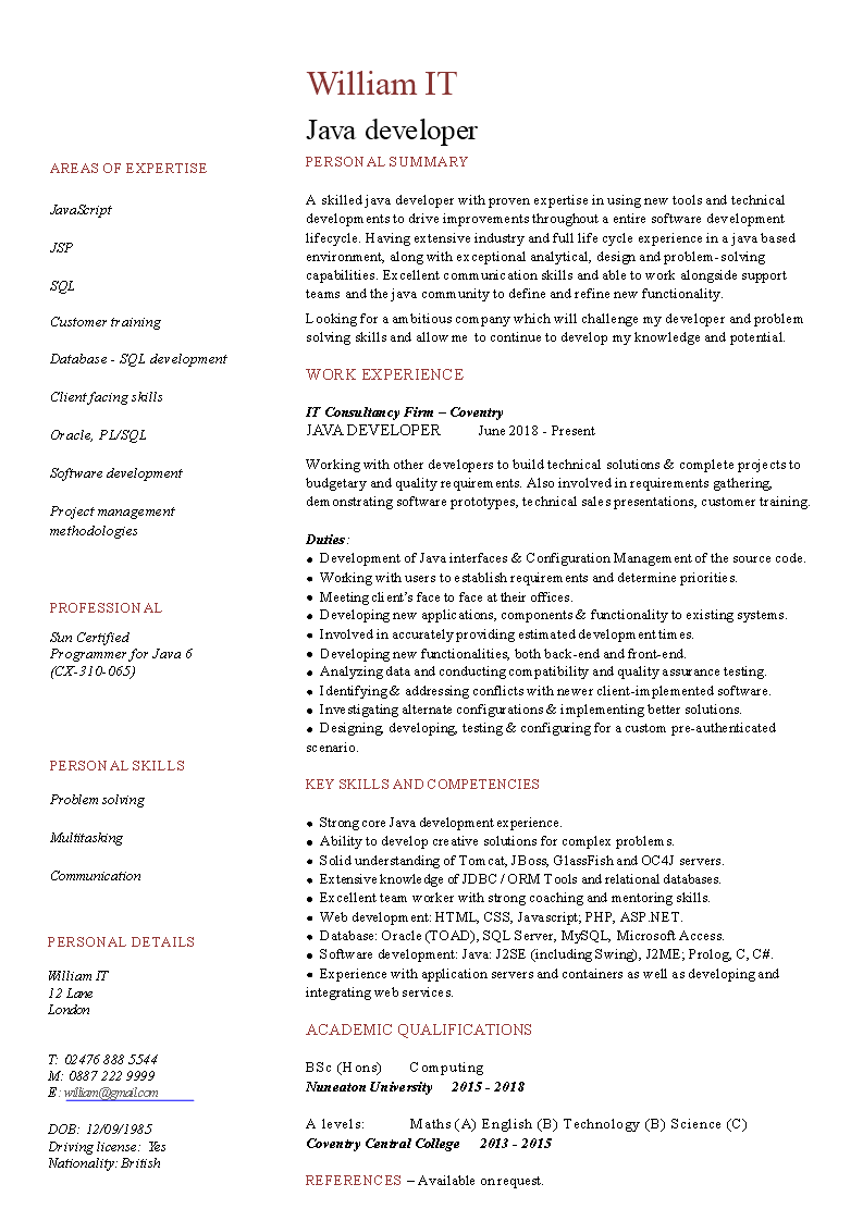 resume template language
 Java Developer Curriculum Vitae | Templates at ..