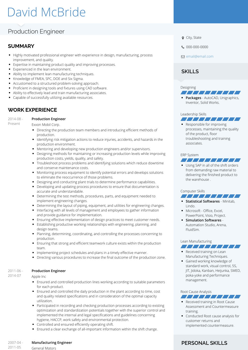 resume template skills
 Production Engineer - Resume Samples and Templates | VisualCV - resume template skills