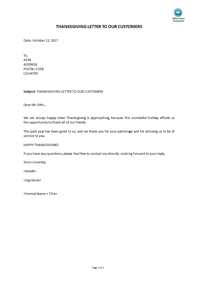 letter template with cc
 Thanksgiving Letter To Customers | Templates at ..