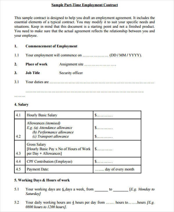 part time contract template
 6+ Job Contract Samples & Templates - PDF, DOC - part time contract template
