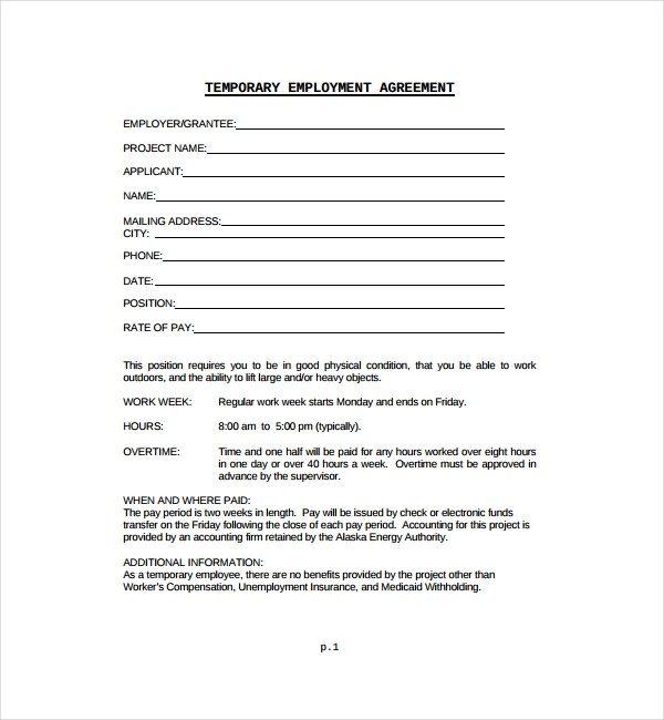 one year contract template
 8+ Temporary Employment Contract Templates - Word, Pages ..