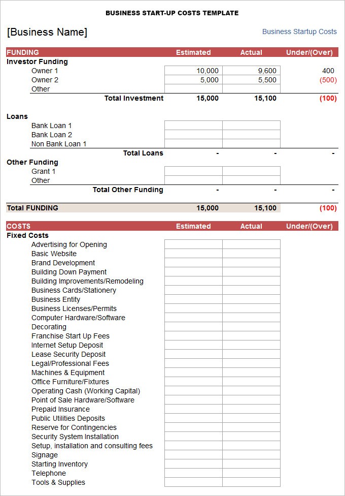 business start up plan template
 Business Start Up Cost Template - 5+ Free Word, Excel ..