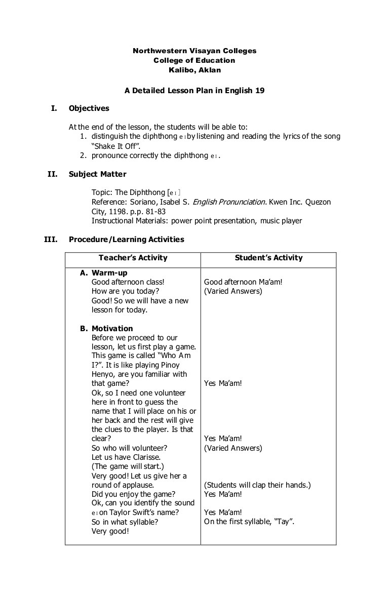 lesson plan template pdf
 Detailed lesson plan in Diphthong - lesson plan template pdf