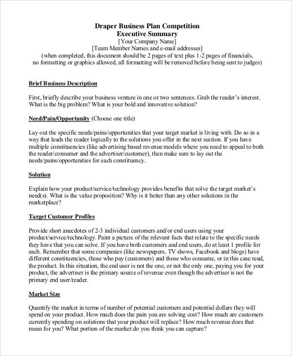 sample of an executive summary for a business plan