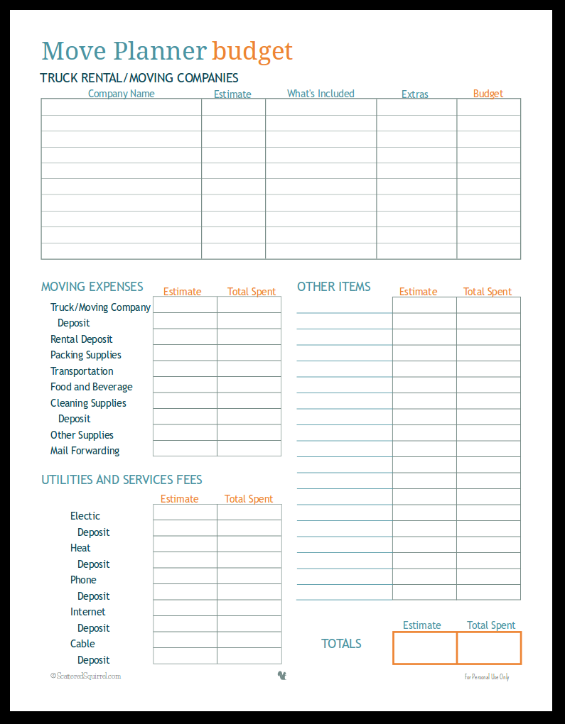 moving out budget template
 More Move Planner Printables to Help You Stay on Track - moving out budget template