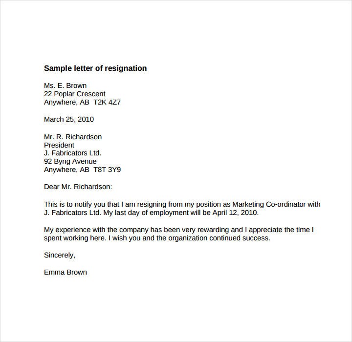 resignation letter template early release
 10+ Short Notice Resignation Letters - Free PDF, DOC ..