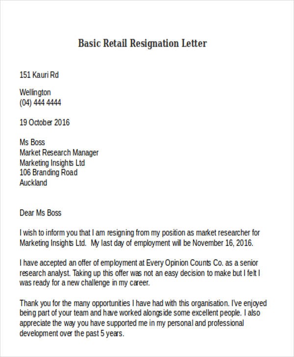 basic resignation letter template nz
 11+ Retail Resignation Letter Template - Free Word, PDF ..