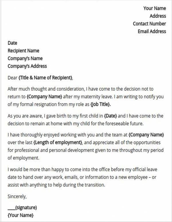 resignation letter template after maternity leave
 8+ Maternity Resignation Samples & Templates - Free Word ..