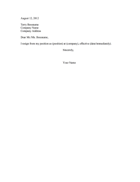 brief resignation letter template
 Brief Resignation Letter - brief resignation letter template