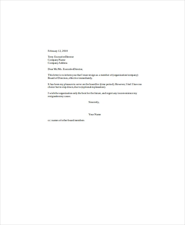 board resignation letter template
 FREE 5+ Sample Board Resignation Letter Templates in PDF ..