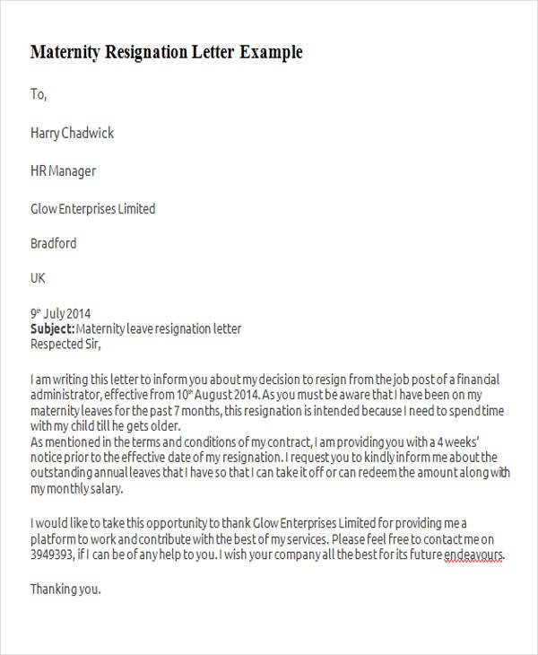 resignation letter template after maternity leave
 FREE 5+ Sample Maternity Resignation Letter Templates in ..