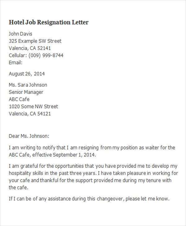 resignation letter template hospitality
 FREE 64+ Sample Resignation Letter Templates in PDF | MS Word - resignation letter template hospitality