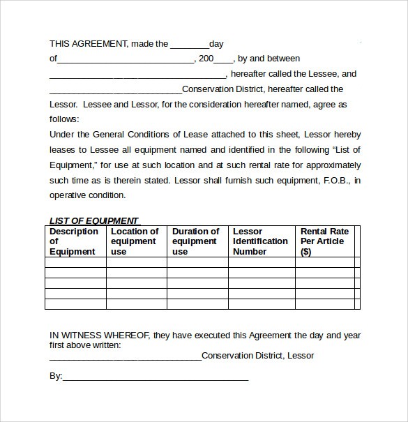 free equipment rental agreement form template
 FREE 7+ Equipment Lease Agreement Templates in MS Word ..