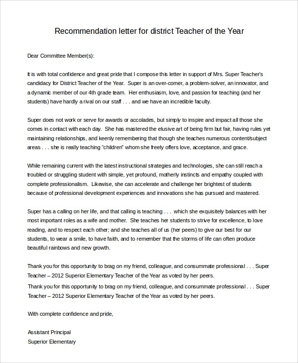 recommendation letter for teacher of the year
 FREE 7+ Sample Letter of Recommendation for Teacher in PDF ..