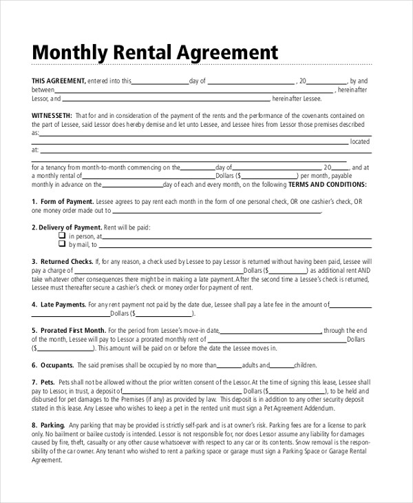 free equipment rental agreement form template uk
 FREE 7+ Sample Month to Month Rental Agreement Forms in ..