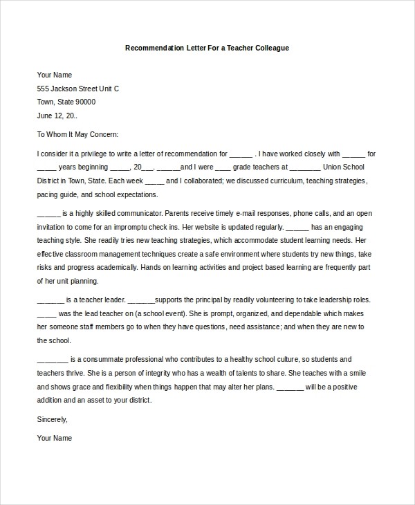 recommendation letter for teacher colleague
 FREE 7+ Sample Teacher Recommendation Letters in PDF | MS Word - recommendation letter for teacher colleague