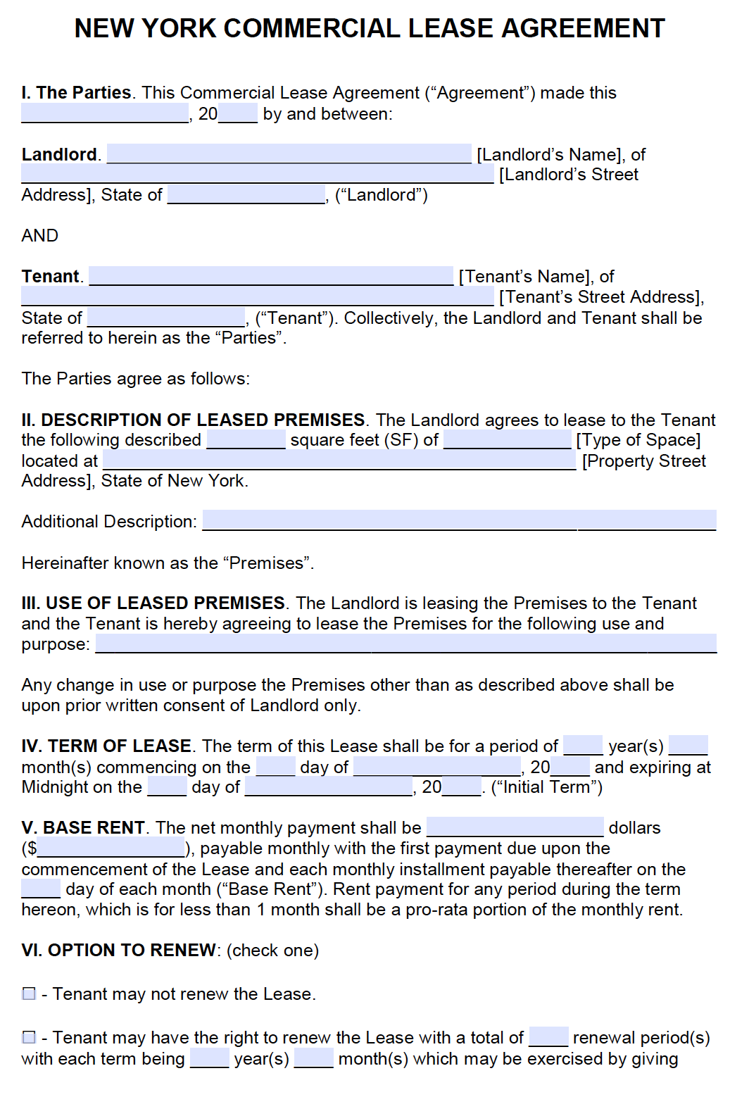 printable rental lease agreement form for free
 Free New York Commercial Lease Agreement – PDF – Word - printable rental lease agreement form for free