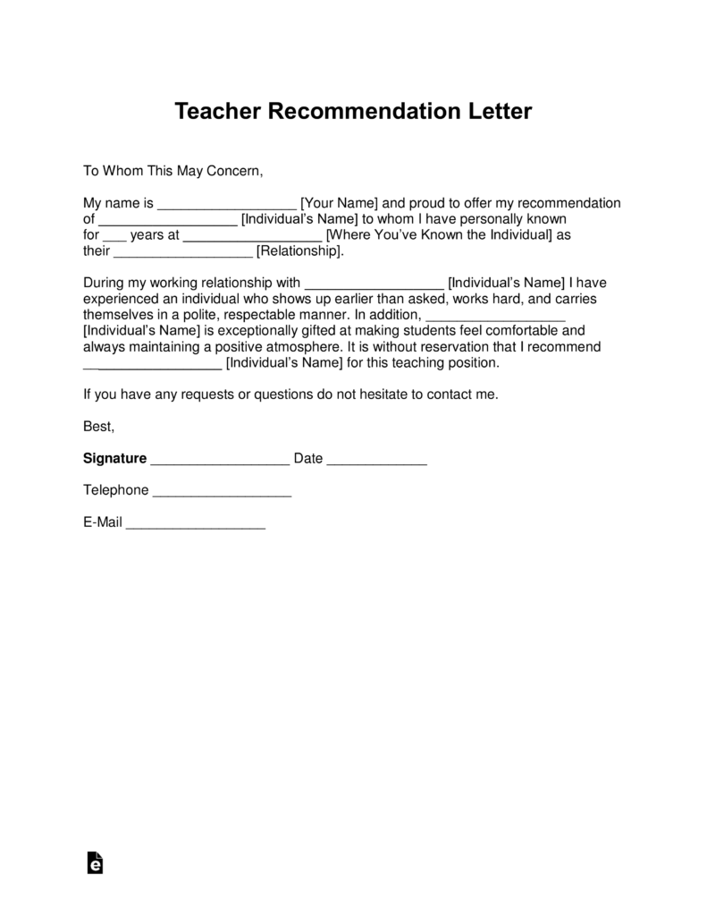 recommendation letter for good teacher
 Free Teacher Recommendation Letter Template - with Samples ..