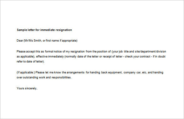 resignation letter template immediate effect
 Immediate Resignation Letter Template - 7+ Free Word ..