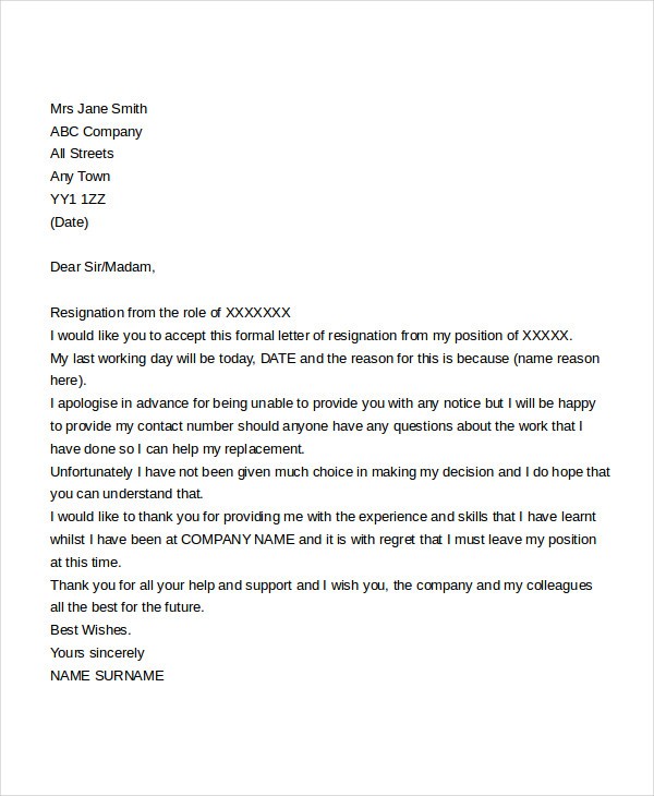 resignation letter template immediate effect
 Immediate Resignation Letter Templates - 5+ Free Word, PDF ..