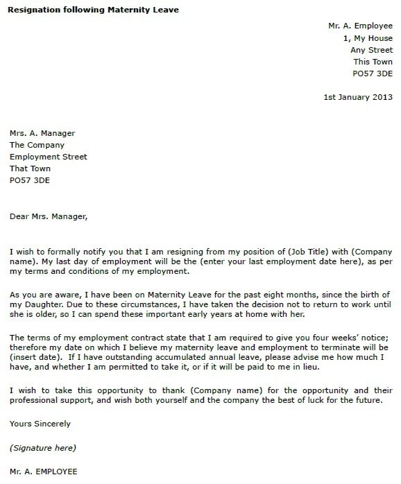 resignation letter template after maternity leave
 Maternity Leave Resignation Letter Example - toresign