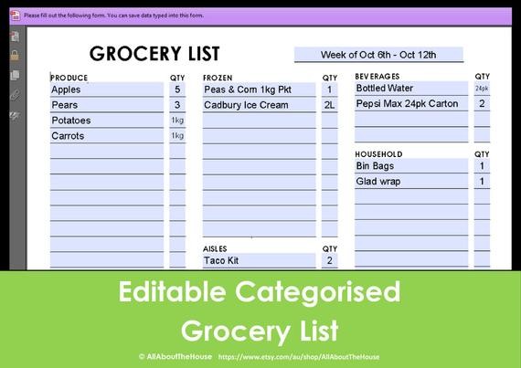 editable grocery checklist template
 Printable Grocery List Editable Categorised Shopping - editable grocery checklist template
