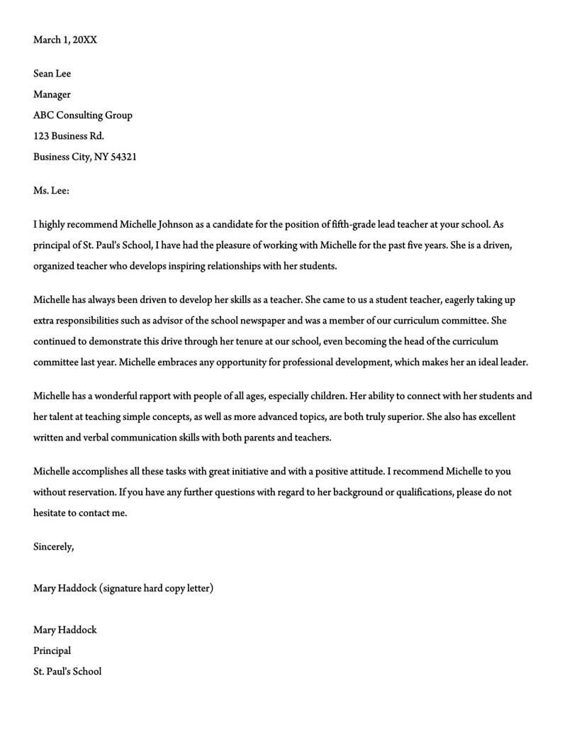 recommendation letter for teacher by principal
 Recommendation Letter for a Teacher (32+ Sample Letters ..