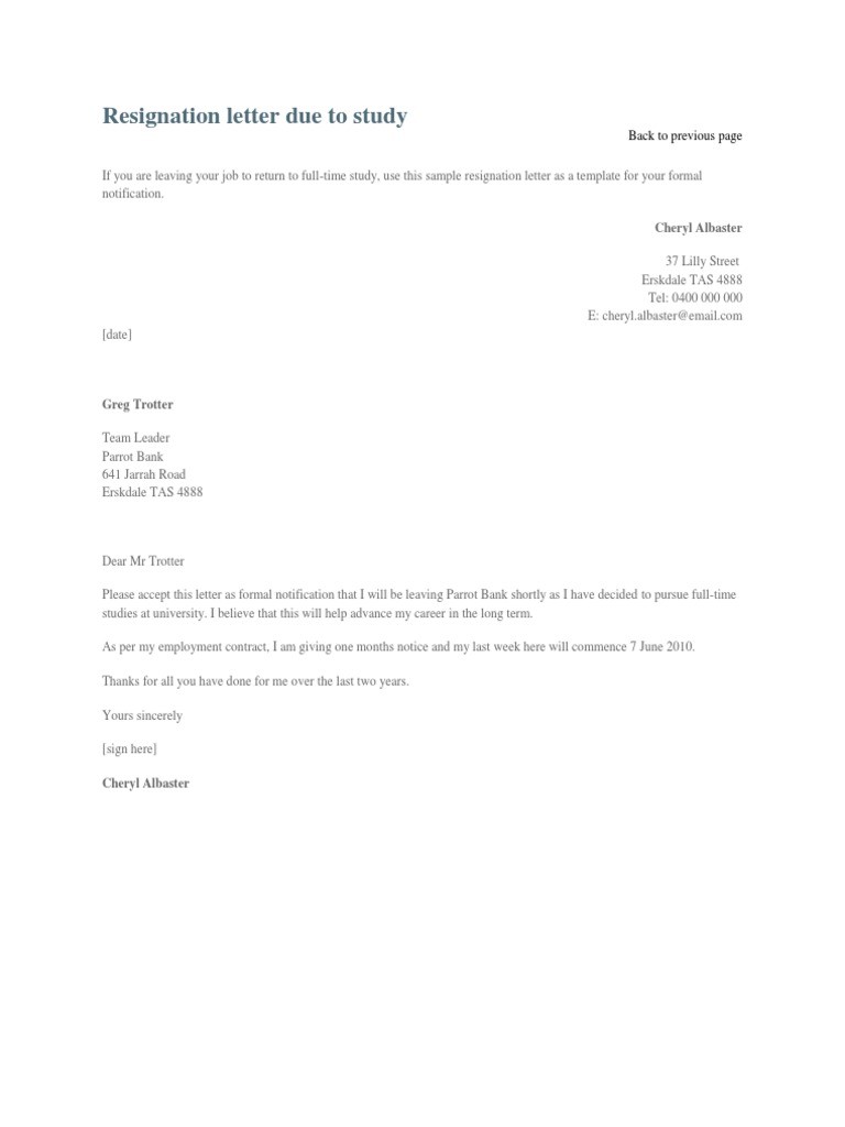 resignation letter template for further studies
 Resignation Letter Due to Study - resignation letter template for further studies