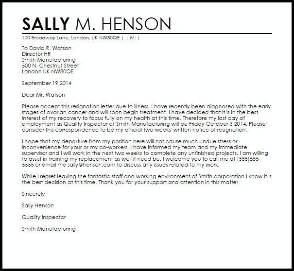 resignation letter template due to illness
 Resignation Letter Example Due to Illness | Letter Samples ..