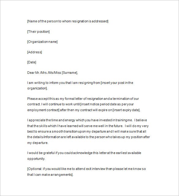 resignation letter template in word format
 Resignation Notice Template - 17+ Free Samples, Examples ..