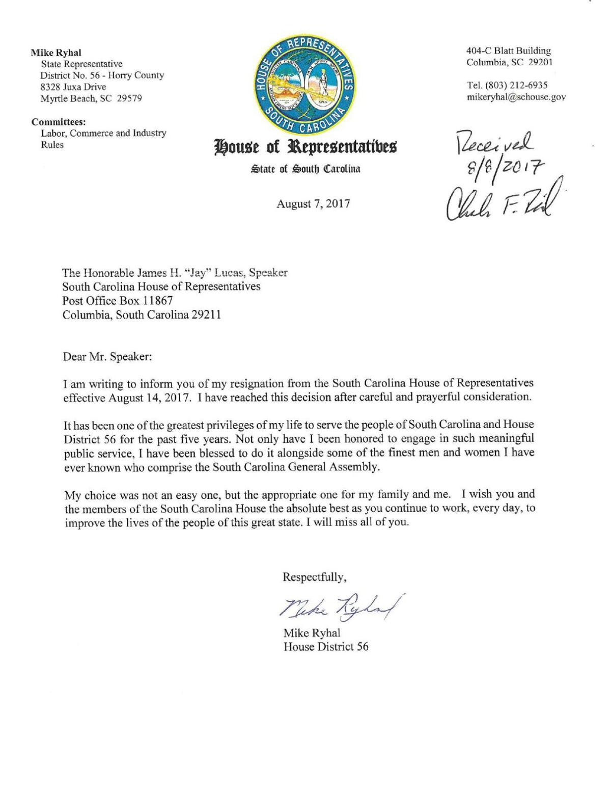 resignation letter template after maternity leave
 S.C. Rep. Mike Ryhal resignation letter | | postandcourier