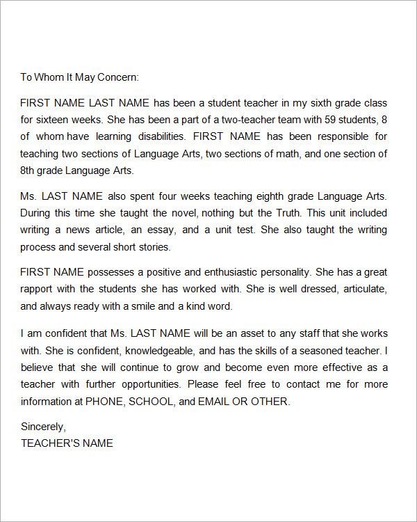 recommendation letter for best teacher
 Sample Letter of Recommendation for Teacher - 18 ..