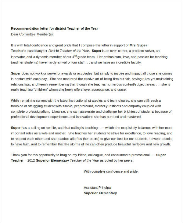 recommendation letter for teacher of the year
 Sample Letters - 35+ Free Sample, Example, Format | Free ..