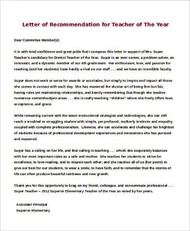 recommendation letter for teacher of the year
 Sample Letters of Recommendation for a Teacher - 9 ..