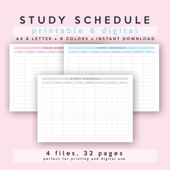 study schedule template 4
 Study Schedule Study Timetable A4 & Letter Printable | Etsy - study schedule template 4