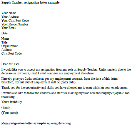 resignation letter template after maternity leave
 Supply Teacher Resignation Letter Example - resignletter