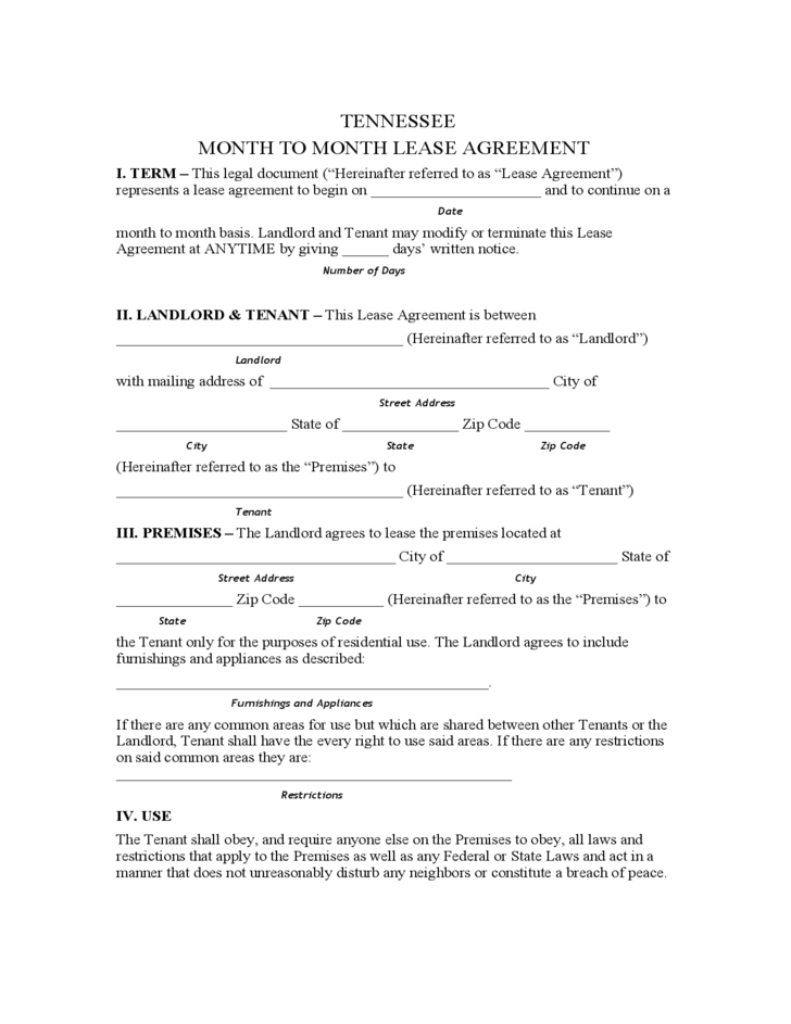 free tennessee rental agreement form
 Tennessee Month to Month Lease Agreement Form Free Download - free tennessee rental agreement form