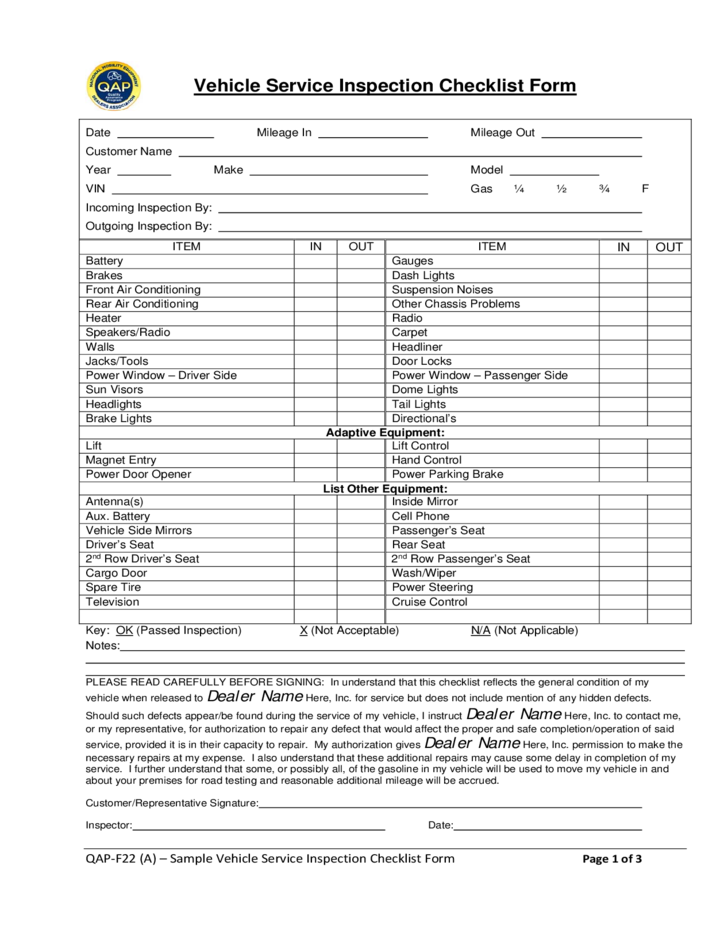 vehicle service checklist template
 Vehicle Service Inspection Checklist Form Free Download - vehicle service checklist template