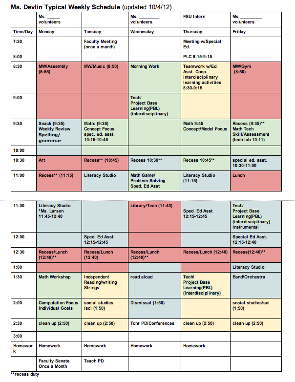 class schedule template for teachers
 Weekly Pattern: A Typical Schedule | Teach Children Well - class schedule template for teachers