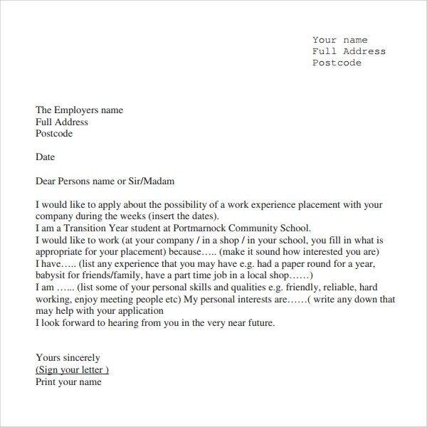 work experience request letter format