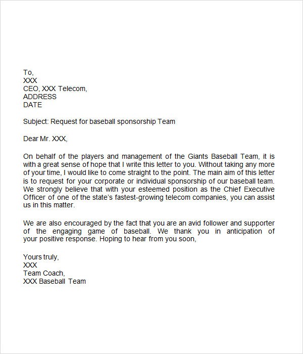 sample sponsorship request letter for youth sports team
 Sponsorship Letter - 7+ Free Download for Word - sample sponsorship request letter for youth sports team