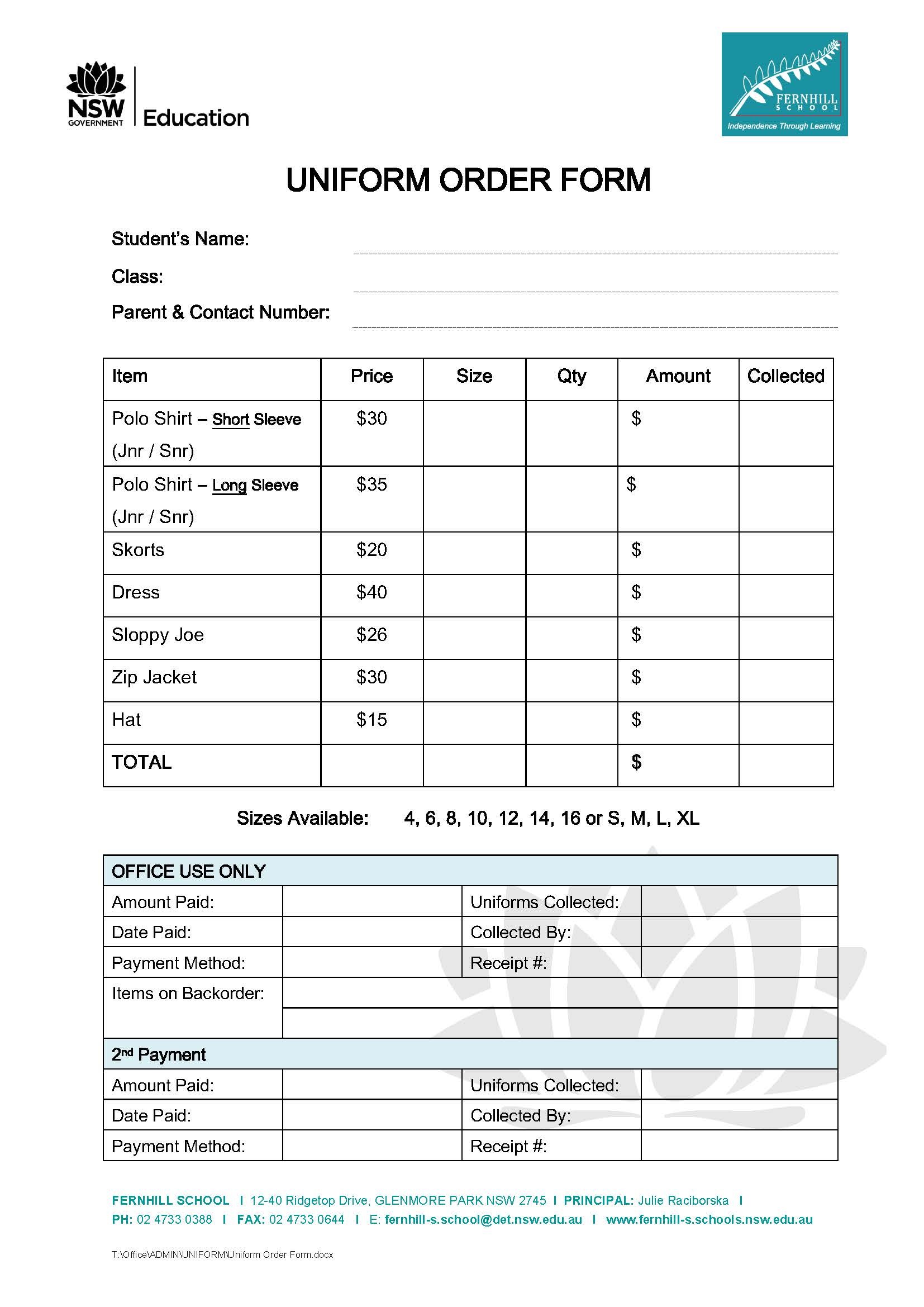 order form with images
 Uniform Order Form - Fernhill School - order form with images