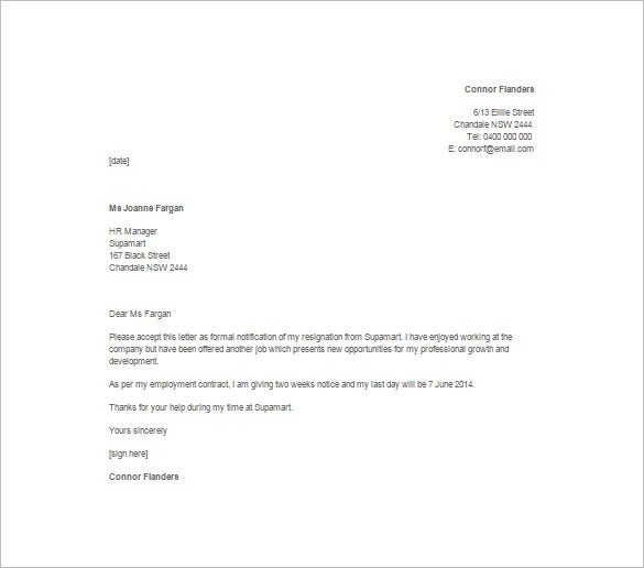 2 week resignation letter template
 10+ Sample Two Week Notice Resignation Letter Templates ..