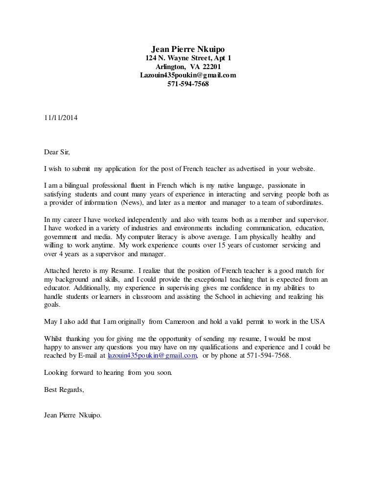 letter template in french
 Cover letter-French Teacher - letter template in french