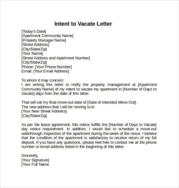letter template intent to vacate letter
 FREE 7+ Intent to Vacate Letters in PDF - letter template intent to vacate letter